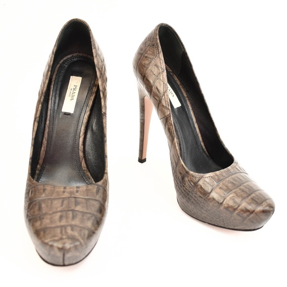 Prada Shoes - PRADA: Brown, Leather "Alligator" Platform Heels